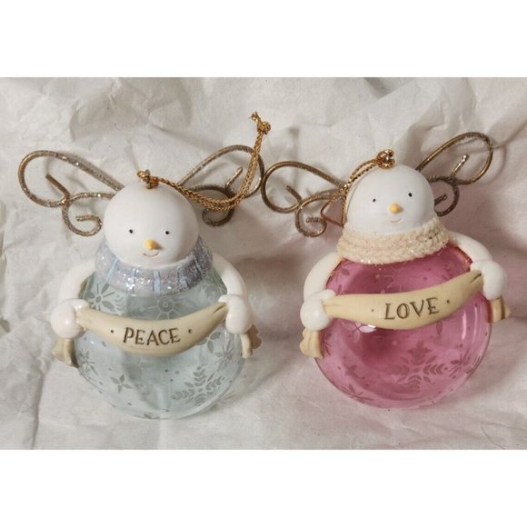 Blown Glass Christmas Ornament Snowmen Angels Blue and Pink Peace and Love - Picture 1 of 4